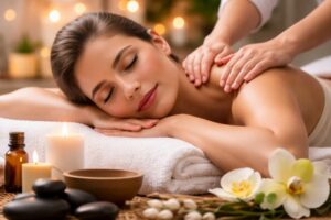 Mujer recibiendo un masaje de relajación muscular en un entorno de spa con velas, aceites esenciales y piedras calientes, transmitiendo bienestar y tranquilidad.