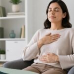 Autorregulación emocional mediante respiración consciente en entorno tranquilo y profesional.