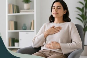 Autorregulación emocional mediante respiración consciente en entorno tranquilo y profesional.