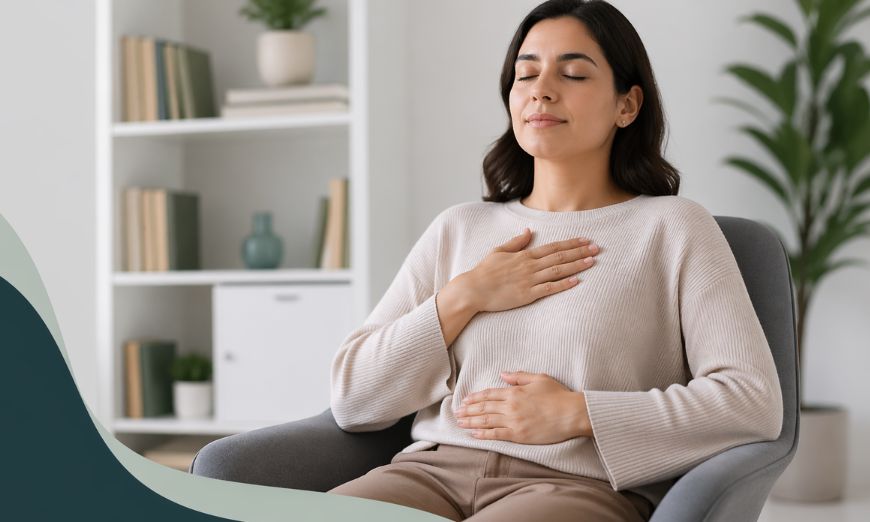 Autorregulación emocional mediante respiración consciente en entorno tranquilo y profesional.