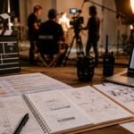 Planificación cinematográfica con storyboard, claqueta y equipo audiovisual preparando un rodaje profesional en estudio de cine.