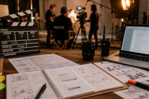 Planificación cinematográfica con storyboard, claqueta y equipo audiovisual preparando un rodaje profesional en estudio de cine.